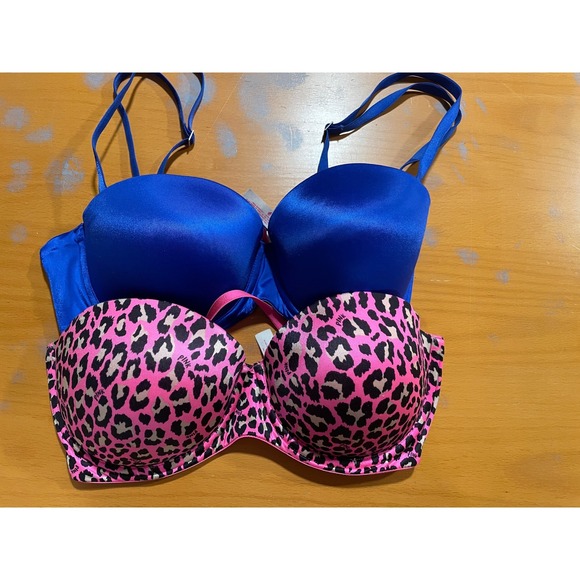 Lot of 2 PINK Victoria's Secret Multi-Way Push Up Bra Leopard Hot Pink Blue 34D - Picture 1 of 11